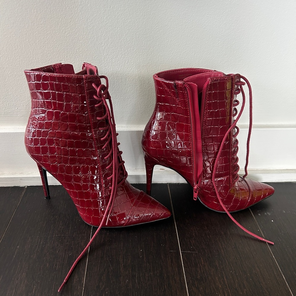 Burgundy Croc-Embossed Lace-Up Pointed Stiletto Booties - Picture 4 of 6